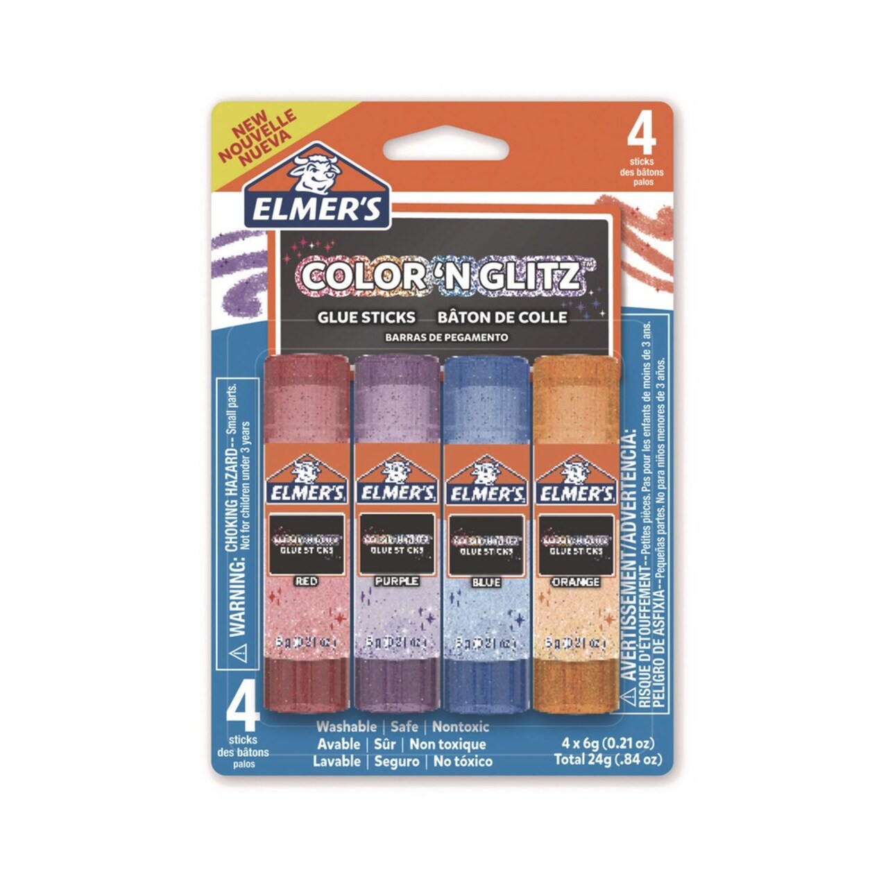 Elmer's 0.21 oz. Applies Assorted Colors Dries Clear Glitter Glue Sticks (4/Pack)